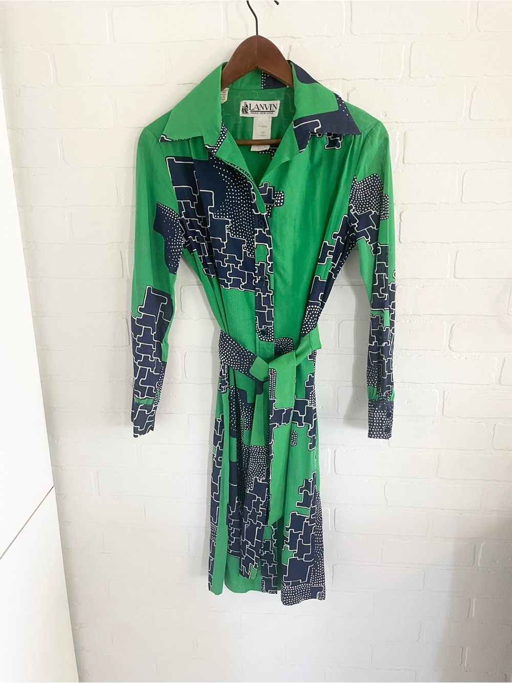 Rare 70s Lanvin Geometric Cotton Midi Shirt Dress Belted Sz 12 - Picture 2 of 16